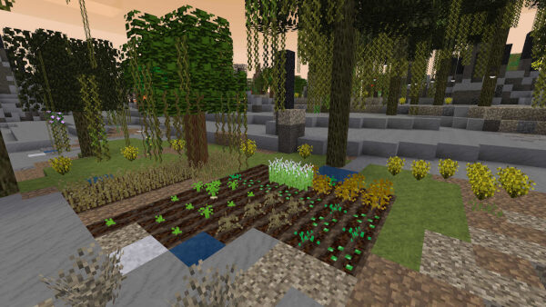 A small plot of land with various vegetables and trees growing on a patch of dirt. The plants and leaves have a dry fall-like color. The land surrounding this place is barren, covered in ash. The sky is orange.