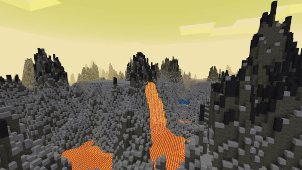 A landscape of a volcanic planet. The sky is yellow, the land is covered in ash, has a ragged with many spike-shamed land features. Everything is surrounded by a large lava ocean.