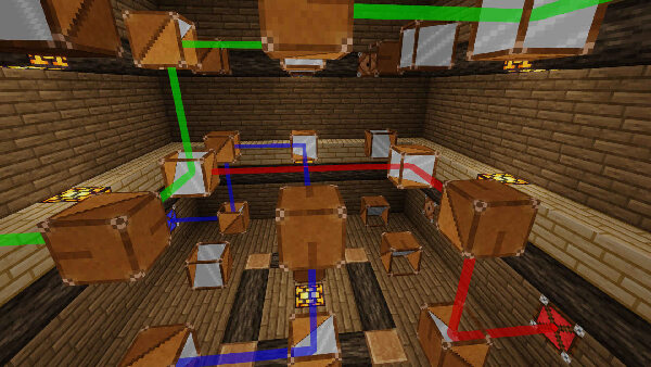 A wooden room with a few laser beams and 26 floating mirrors