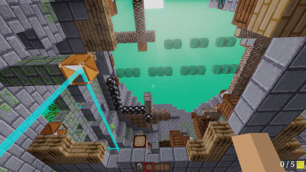 Looking upwards into the sunshine in an ancient overgrown tower ruin. A few cyan lasers are deflected by mirrors, some strange translucent floating skulls are in the air