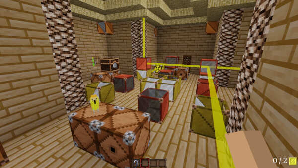A wooden hut with a yellow laser beam being deflected and split by mirrors and beam splitters