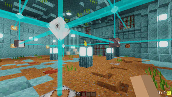 Inside an ancient-looking stone room with ocean-blue stone and cyan laser beams being spread by multiple floating crystals