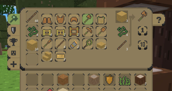 Screenshot of the crafting menu in Repixture, showing which items the player can craft