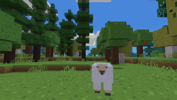 A forest at day, with a grassy floor, apple trees, birches and fir. A sheep looks at the player.