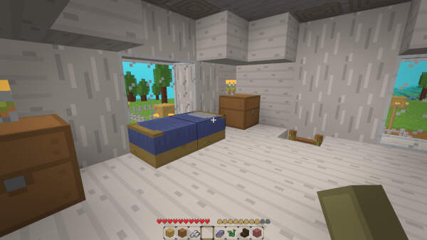 The interior of a small birch house, first floor. There are beds, chests and a ladder leading downwards.