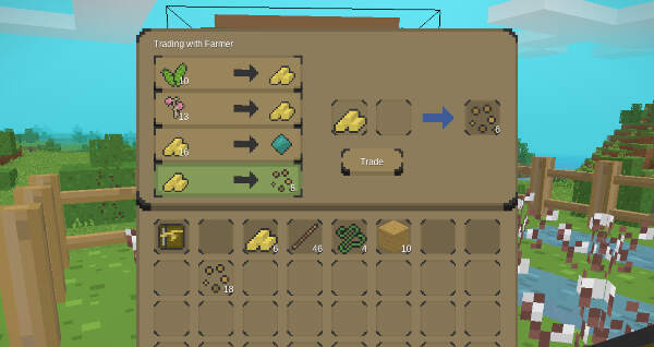 A trading menu with a farmer villager is open. The player can select one of four possible trades in exchange for gold.