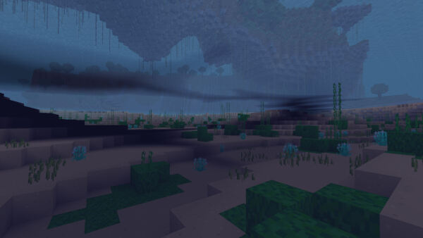 The player is underwater in a small lake. Seagrass and algae grow on the sandy ground.