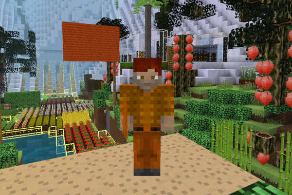 Screenshot of my orange player skin in Minetest. There’s an orange flag in the backgroud.