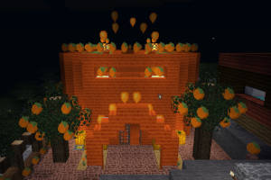 Screenshot of the entrance of the Temple of Orange. The entrance has a wooden double door and is adorned with an arch made out of orange wool. Two orange trees are to the left and right side. The rooftop is decorated with many oranges and orange balloons.