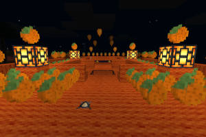 Screenshot of the roof of the Temple of Orange, taken at night. It’s a flat orange woolen surface, with many oranges on the ground. In the middle, there are orange wool benches. In the background, orange ballons are floating. To the left and right, iron lanterns illuminate the roof.